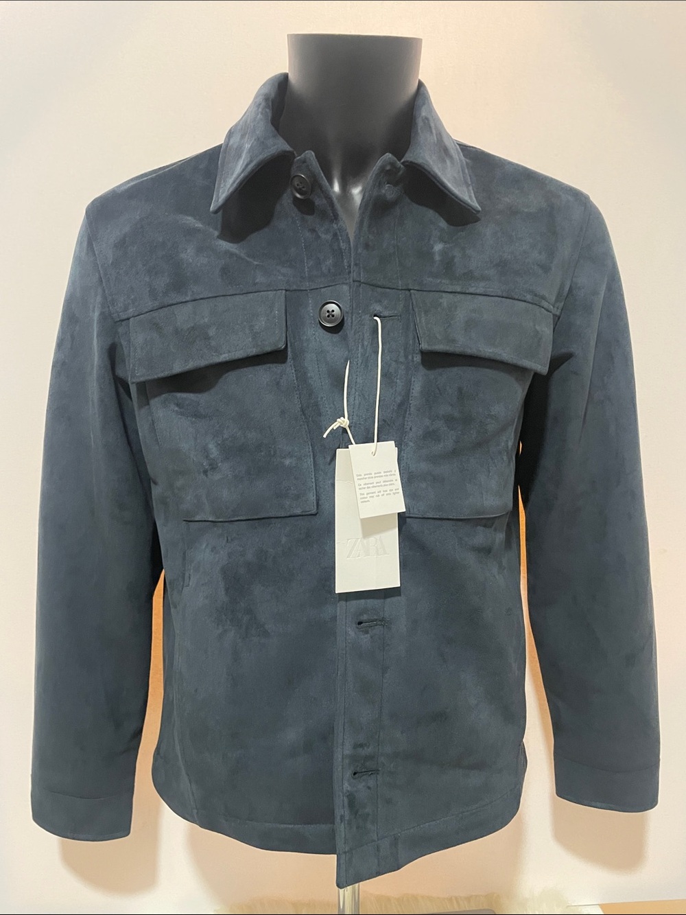 Zara Navy Suede Button-Front Shirt Jacket